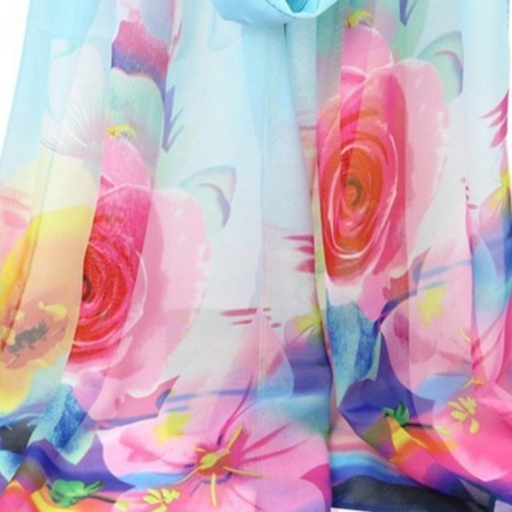Pastel Blue Chiffon Watercolor Wrap Scarf Shawl - Picture 2 of 7